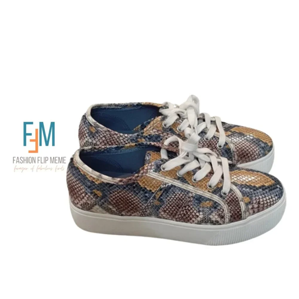Tan & Gray Snakeskin Lace-Up Platform Sneakers 9.5M